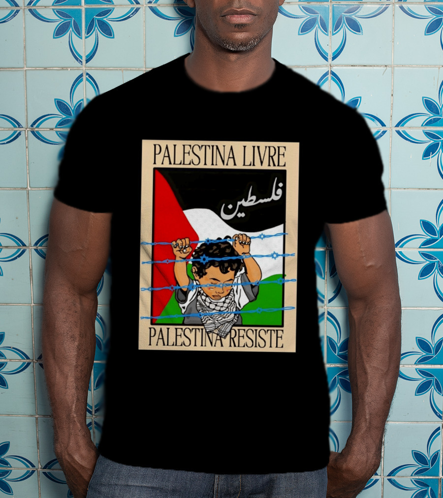 Palestina Livre Resistência Criança Frente Bandeira Arame Farpado T-Shirt