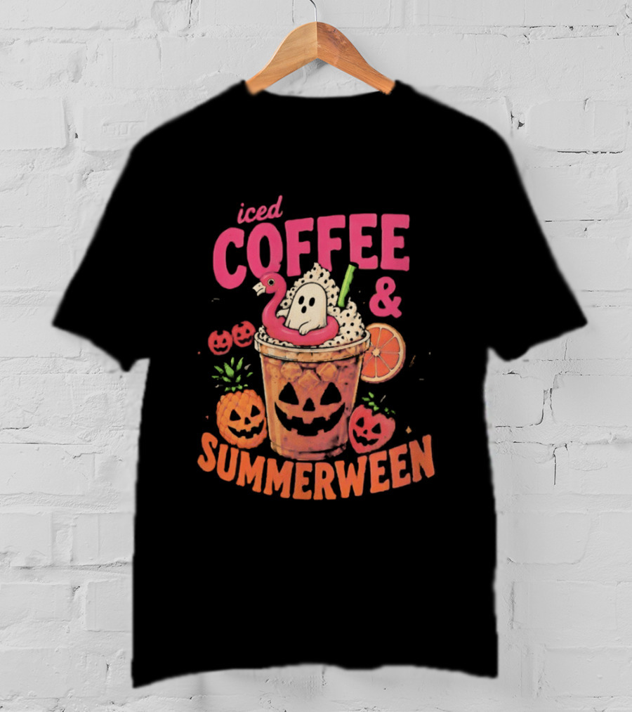 Iced Coffee And Summerween Spooky Tropical Fruit Halloween Jack O' Lantern Drink T-Shirt