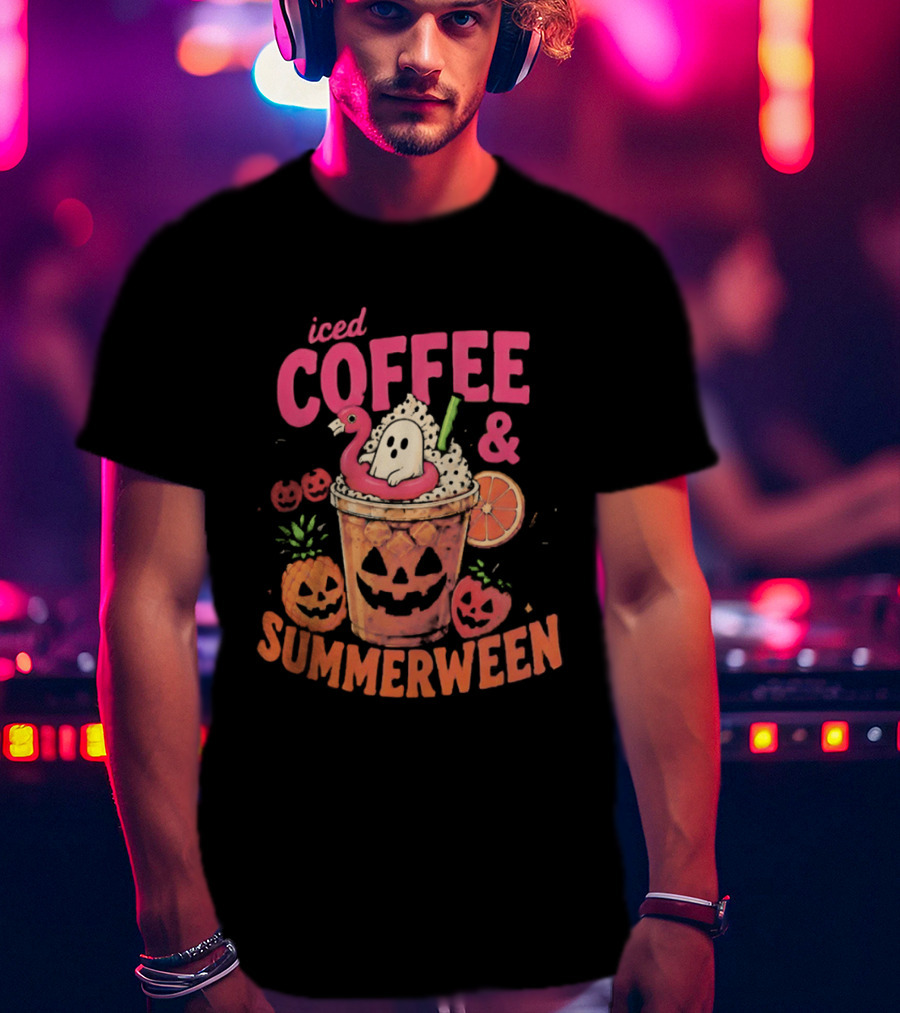 Iced Coffee And Summerween Spooky Tropical Fruit Halloween Jack O' Lantern Drink T-Shirt