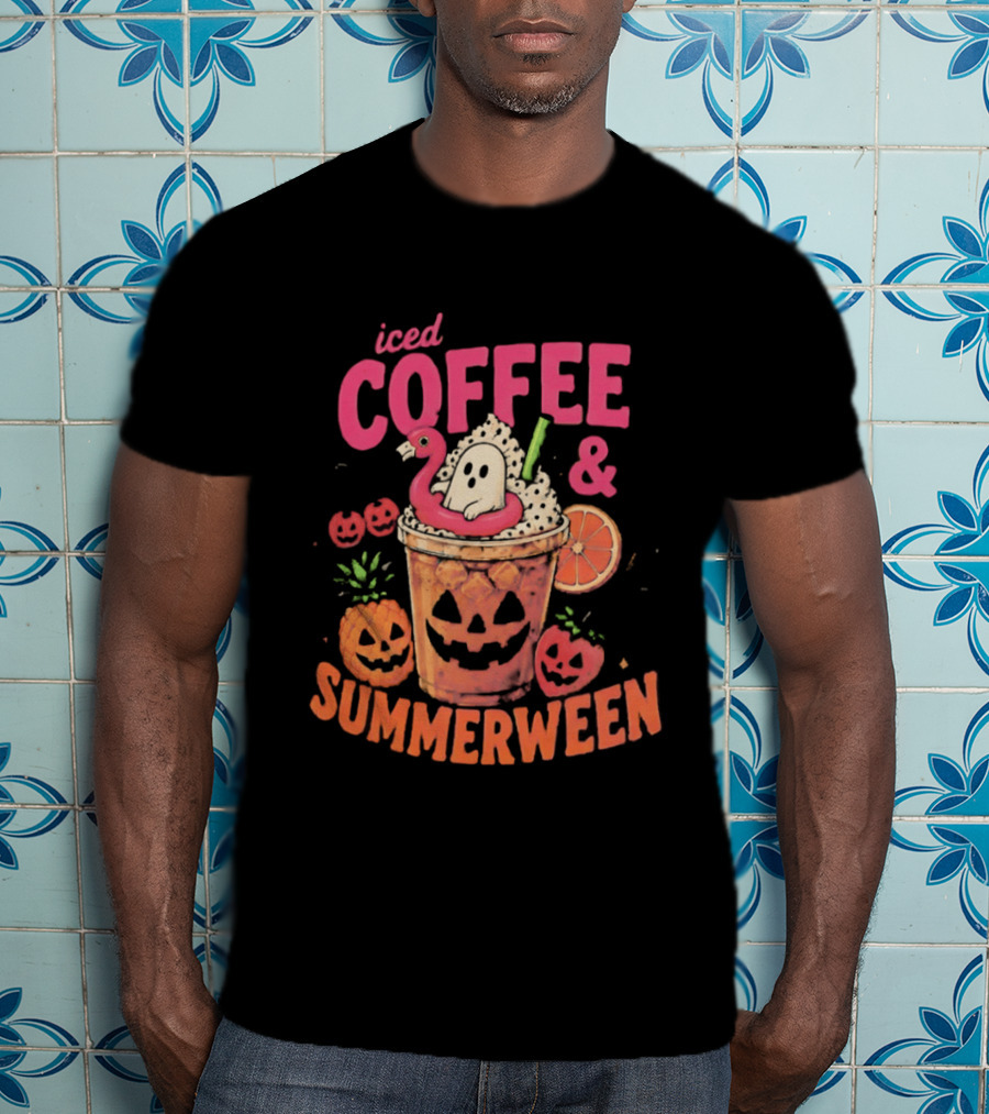 Iced Coffee And Summerween Spooky Tropical Fruit Halloween Jack O' Lantern Drink T-Shirt