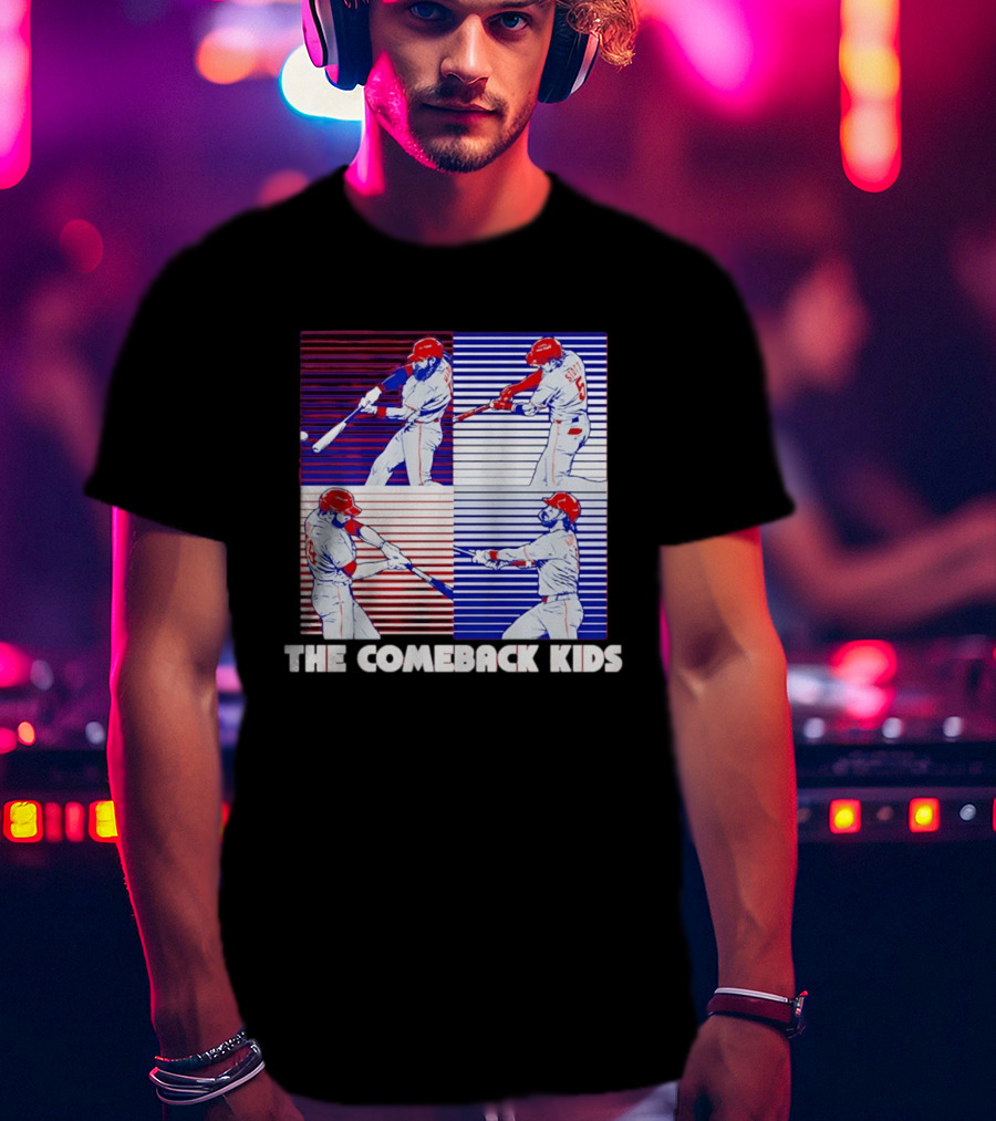 Philadelphia Phillies The Comeback Kids Striped Baseball Swinging Players T-Shirt