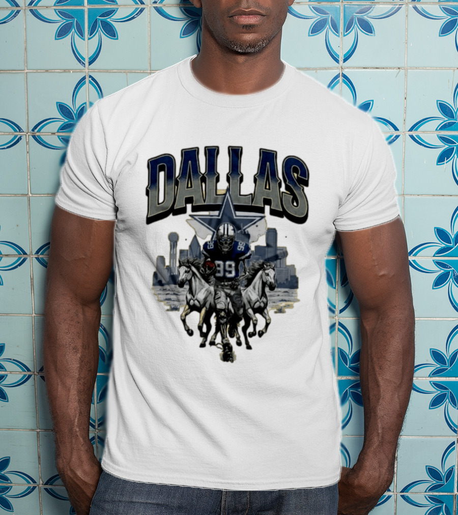 Dallas Cowboys Gameday Skeleton Football Player With Horses And Skyline T-Shirt