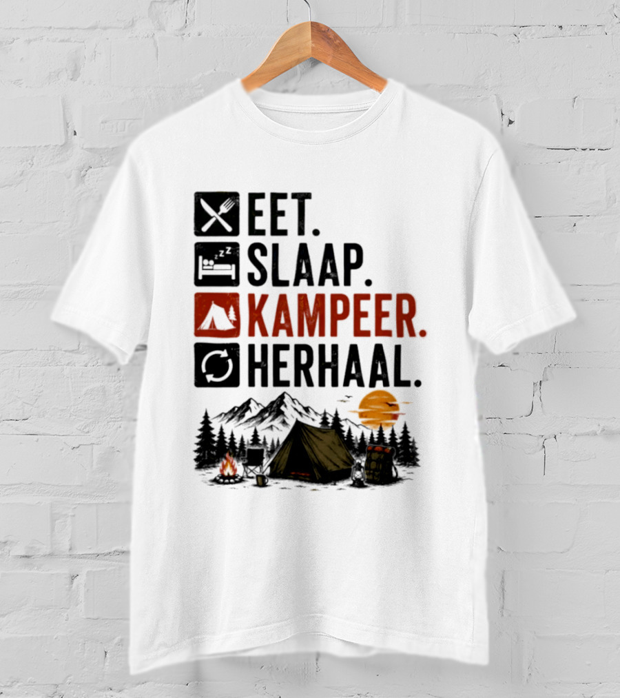 Eet Slaap Kampeer Herhaal Camping Tent Mountains Campfire Sunset T-Shirt