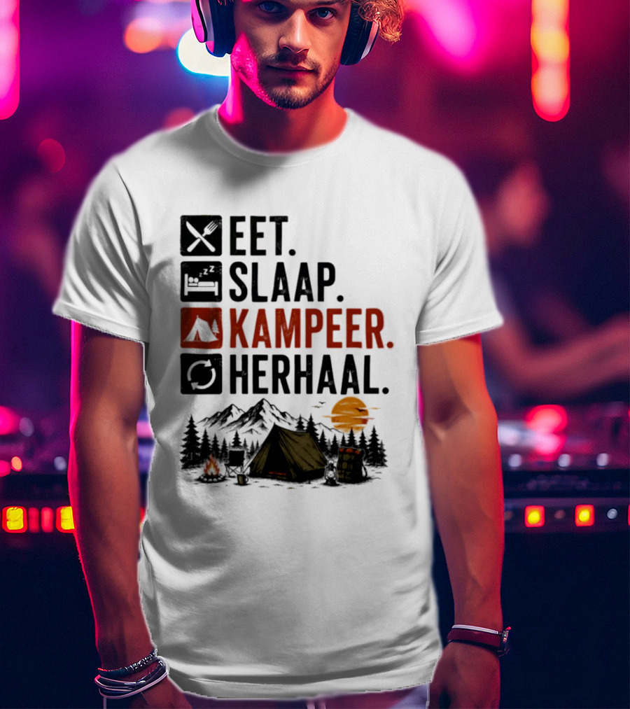 Eet Slaap Kampeer Herhaal Camping Tent Mountains Campfire Sunset T-Shirt