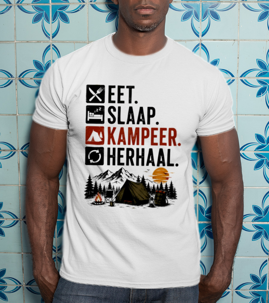 Eet Slaap Kampeer Herhaal Camping Tent Mountains Campfire Sunset T-Shirt