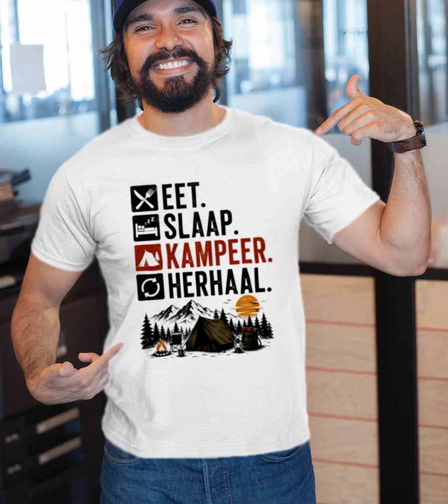Eet Slaap Kampeer Herhaal Camping Tent Mountains Campfire Sunset T-Shirt