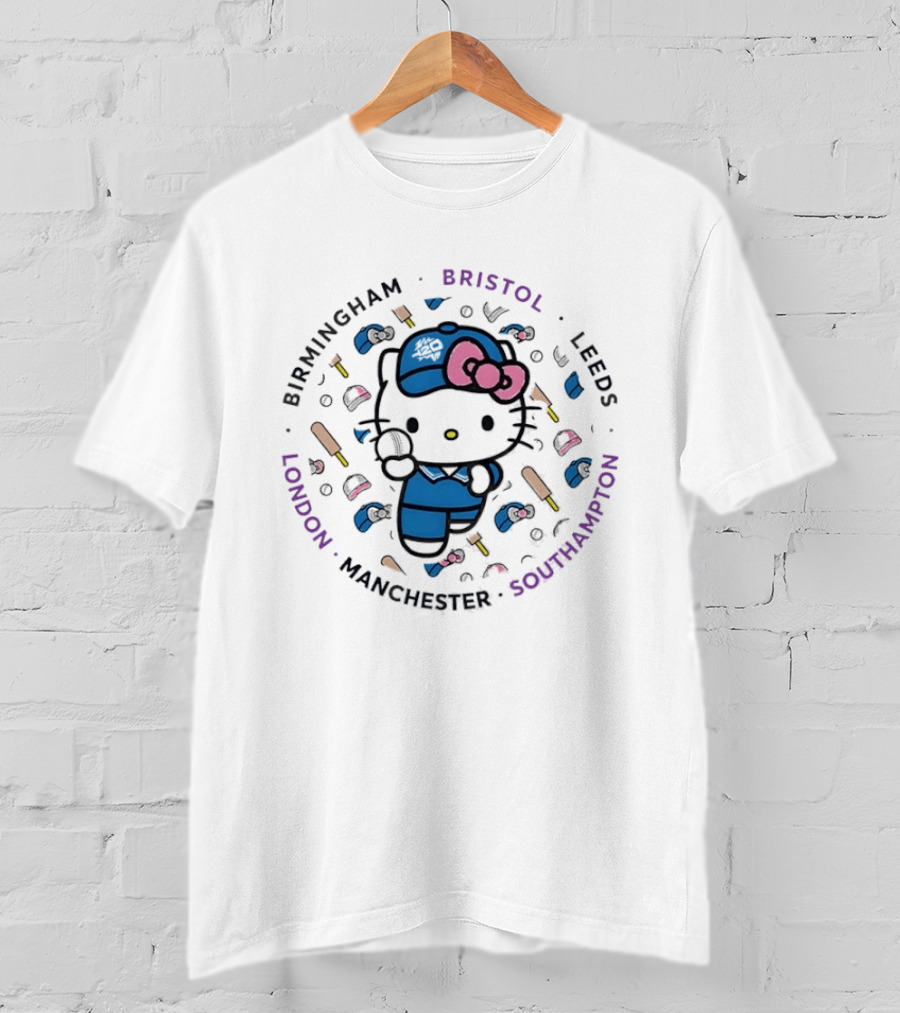 Hello Kitty Cricket Birmingham Bristol Leeds Southampton Manchester London T-Shirt