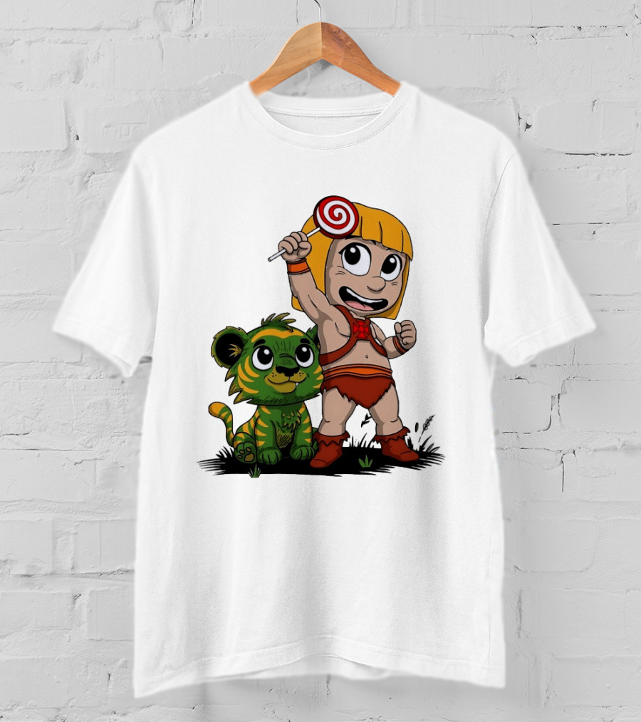 Jungle Kid Holding Lollipop With Playful Tiger Cub T-Shirt