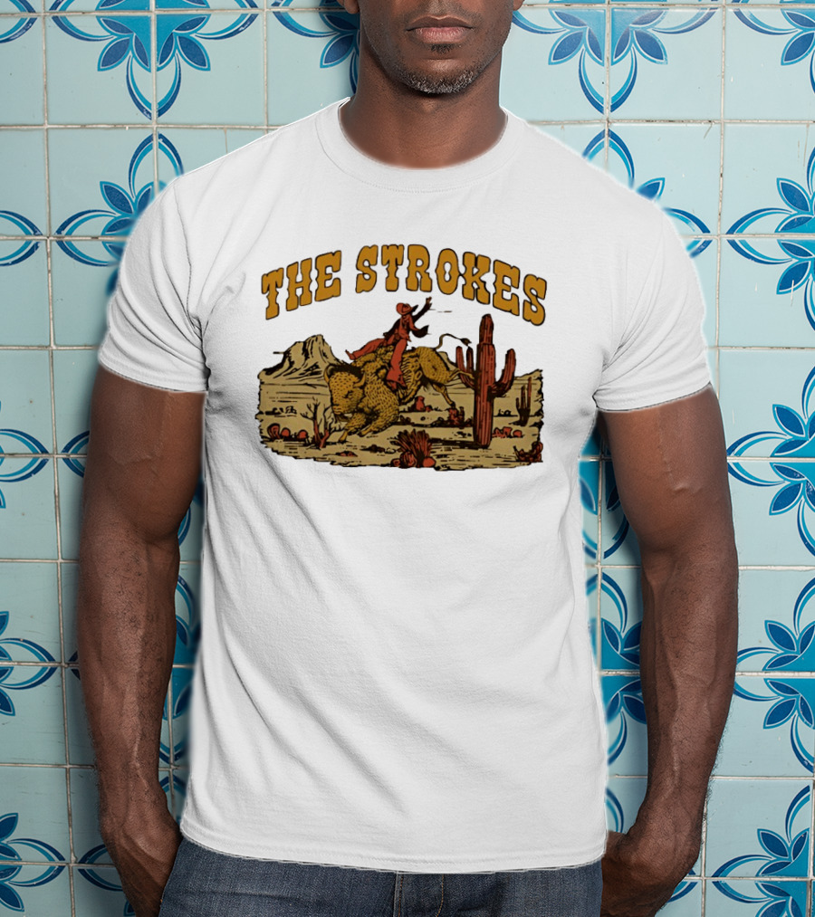 The Strokes Cowboy Riding Cheetah Desert Scene Classic Western T-Shirt