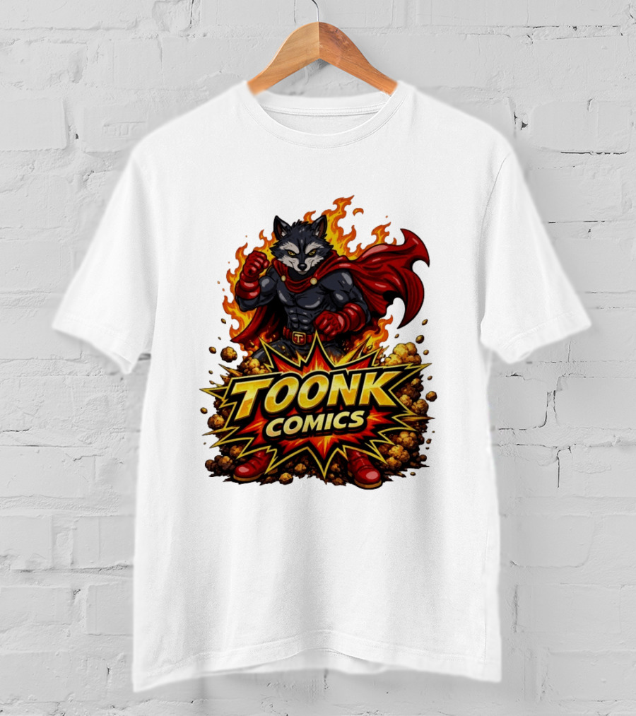 Toonk Comics Superhero Raccoon With Fiery Cape T-Shirt