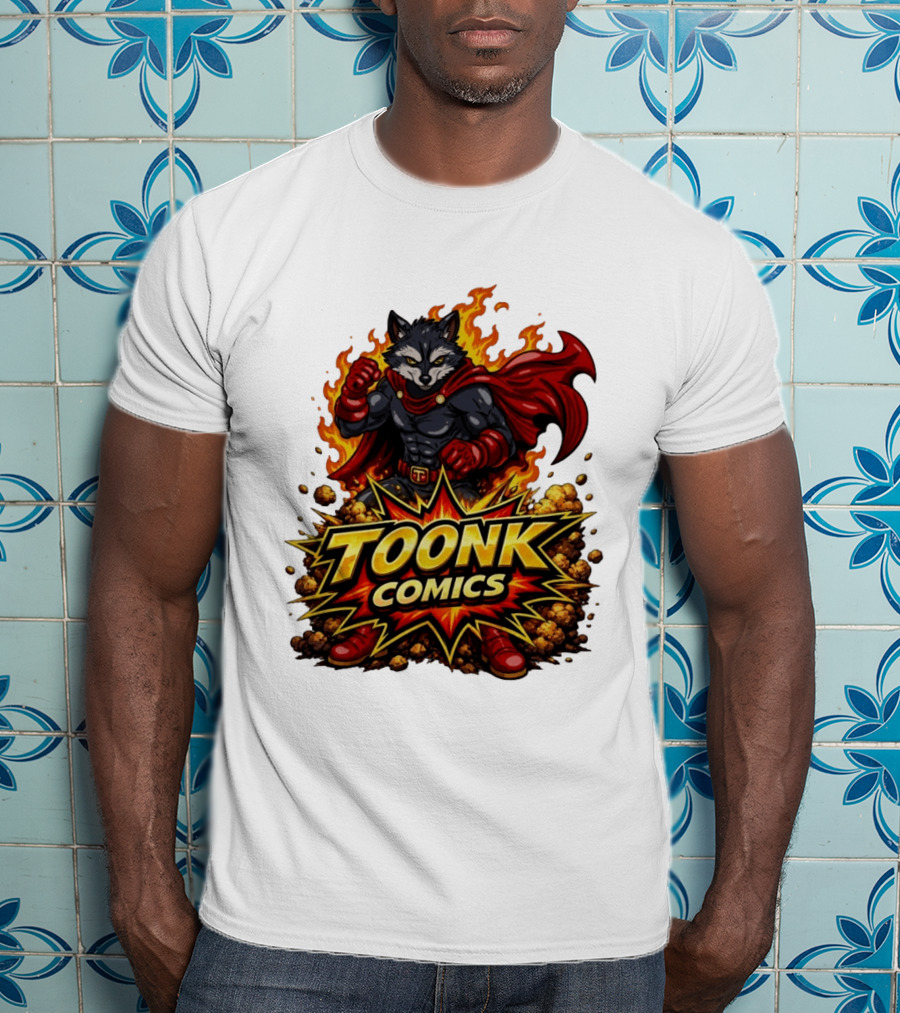 Toonk Comics Superhero Raccoon With Fiery Cape T-Shirt