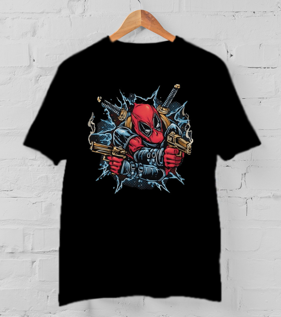 Deadpool Mercenary Dual Pistols And Katanas Action Scene T-Shirt