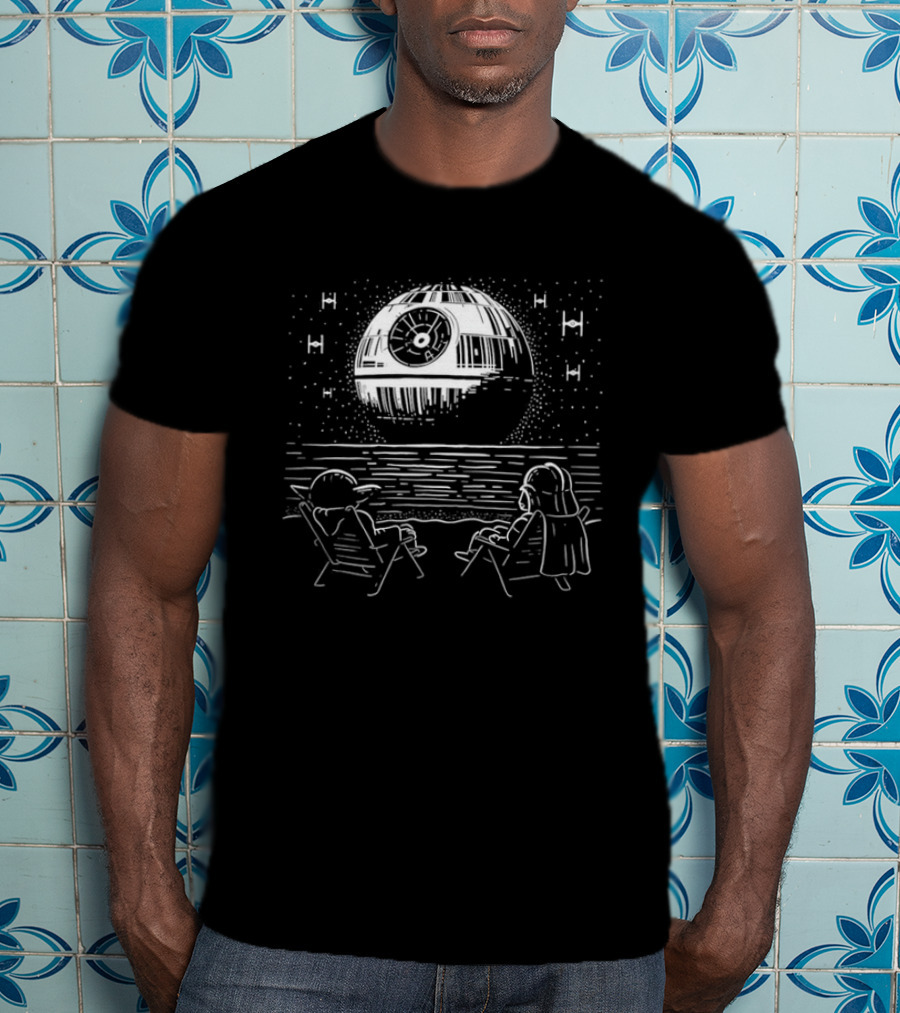 Yoda And Vader Relaxing By The Beach With Death Star In The Sky T-Shirt