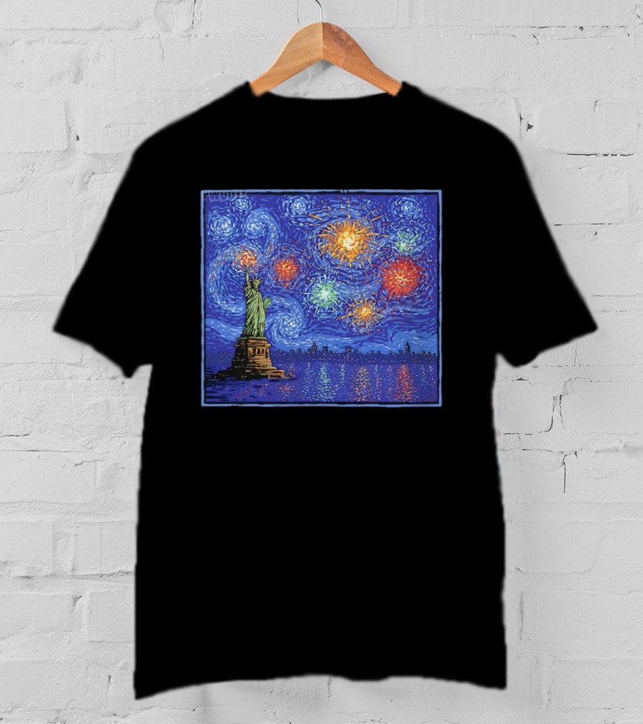 Fireworks Over Statue Of Liberty In Van Gogh Starry Night T-Shirt