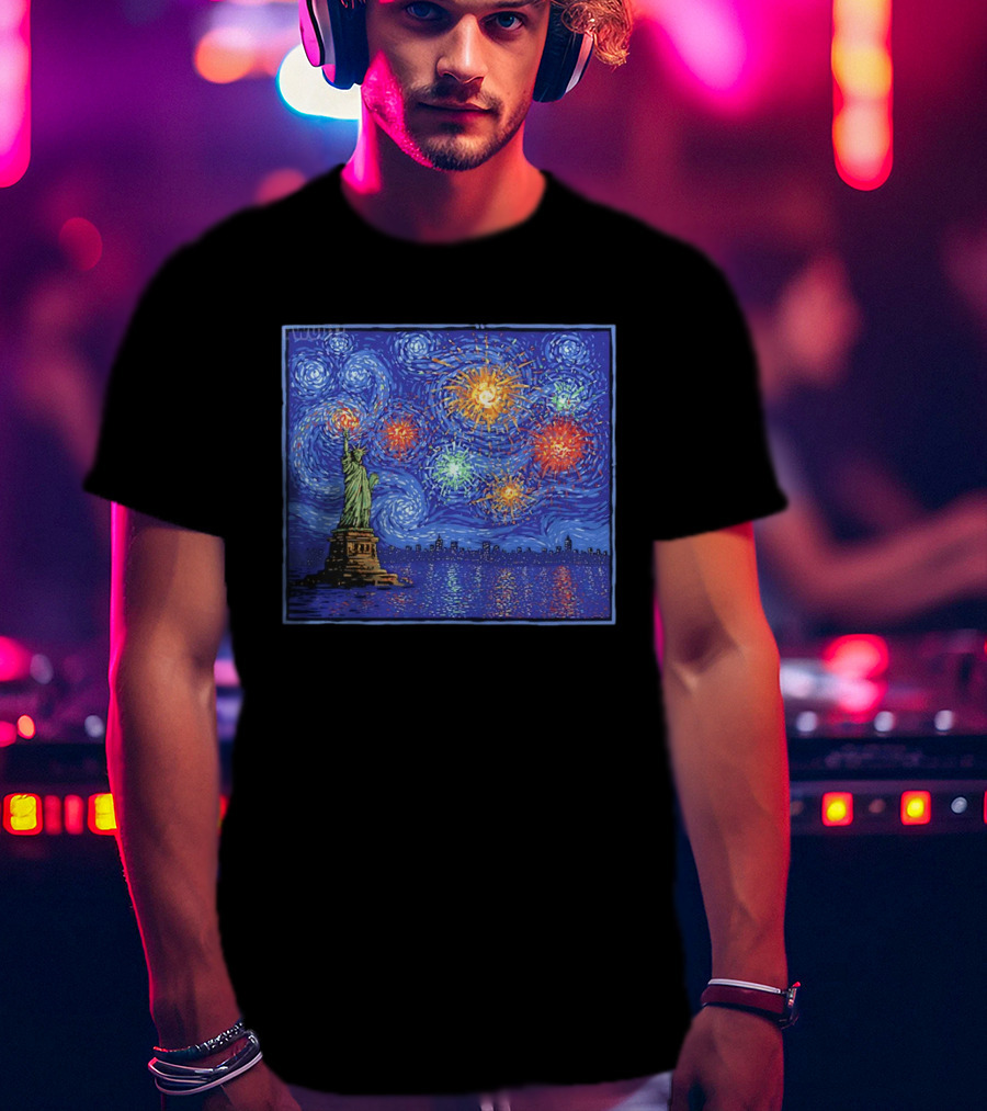 Fireworks Over Statue Of Liberty In Van Gogh Starry Night T-Shirt