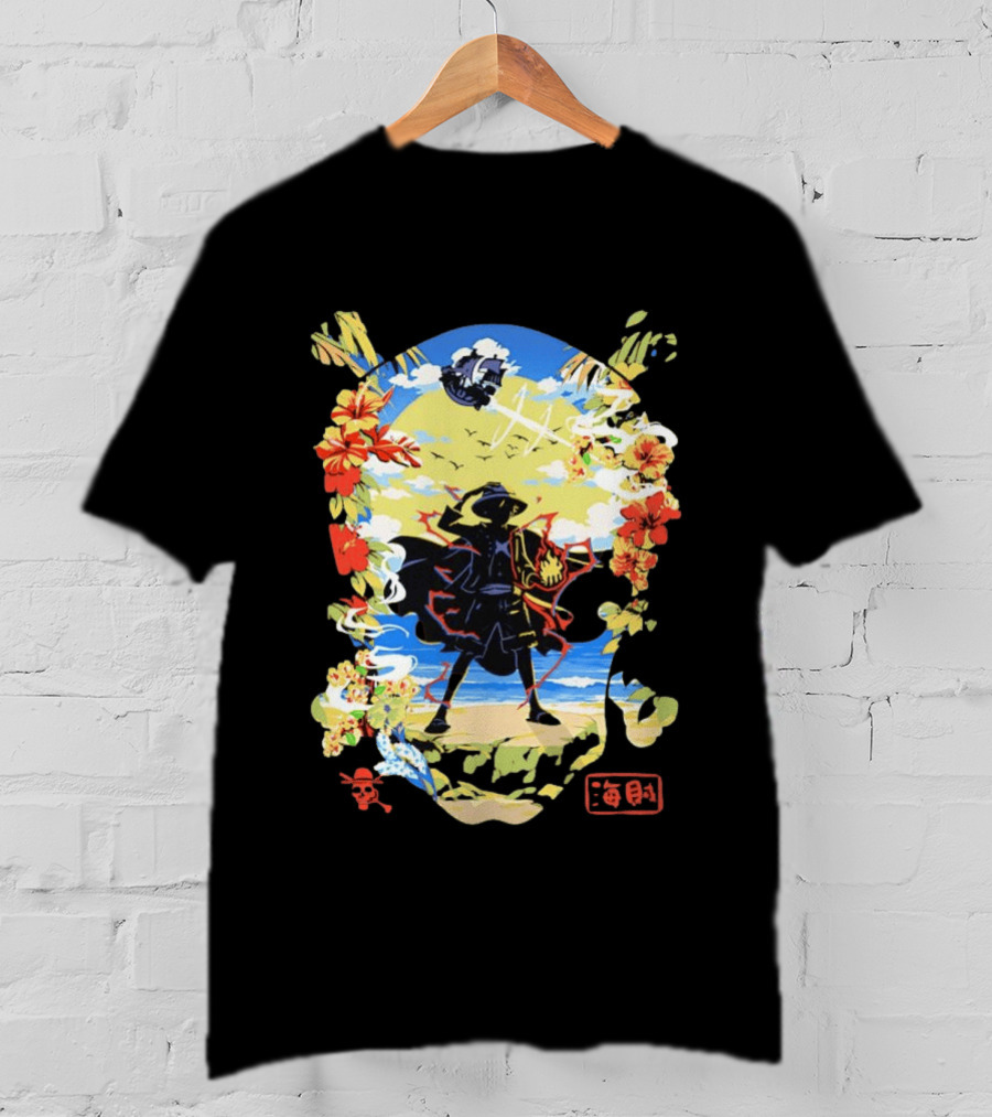 Monkey D Luffy One Piece Hat Pirate Beach Scene Floral Surrounding T-Shirt