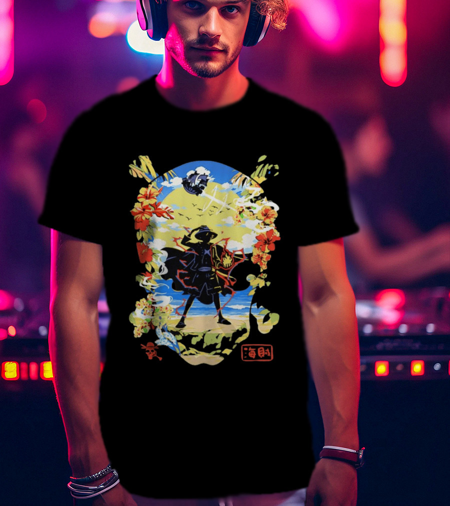 Monkey D Luffy One Piece Hat Pirate Beach Scene Floral Surrounding T-Shirt