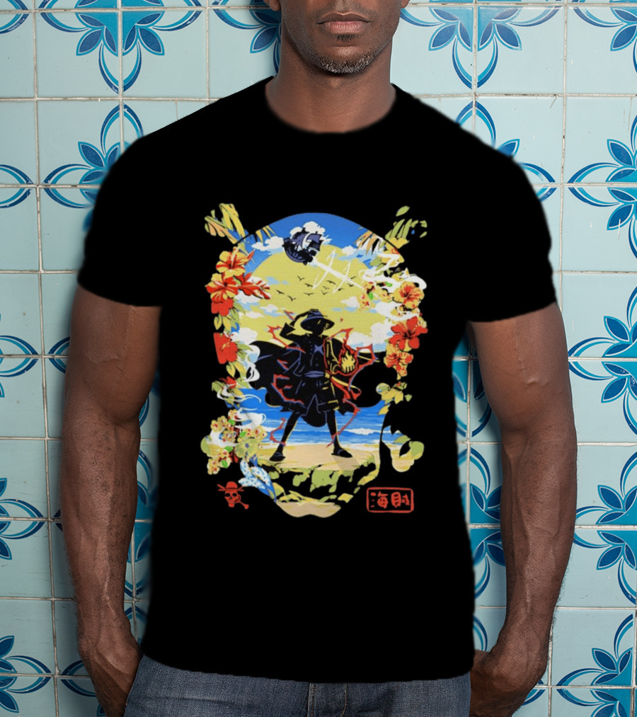 Monkey D Luffy One Piece Hat Pirate Beach Scene Floral Surrounding T-Shirt