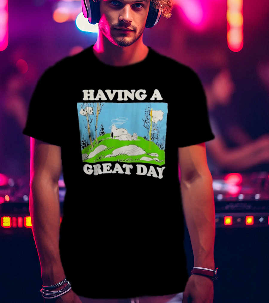 Snoopy Having A Great Day Relaxing On The Green Hill With Blue Sky And Clouds T-Shirt