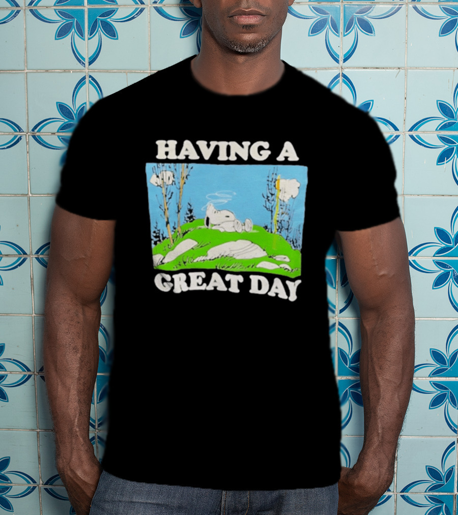 Snoopy Having A Great Day Relaxing On The Green Hill With Blue Sky And Clouds T-Shirt