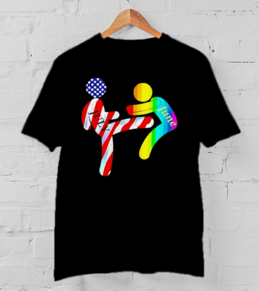 July Independence Kick With June Pride Month Rainbow Flag USA Stars And Stripes T-Shirt