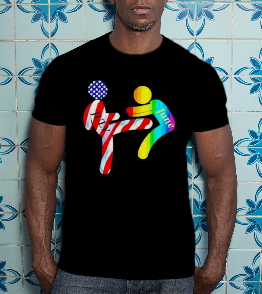 July Independence Kick With June Pride Month Rainbow Flag USA Stars And Stripes T-Shirt