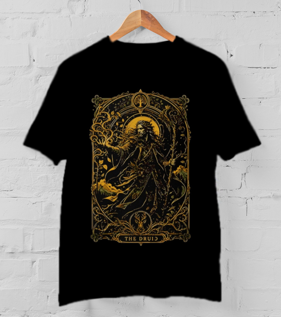 The Druid Fantasy Forest Magic Celtic Mystical Enchantment With Stag And Staff T-Shirt