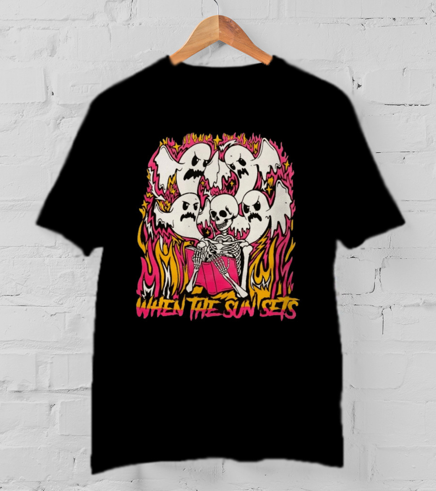 When The Sun Sets Ghost And Skeleton Illustration With Vibrant Pink And Yellow Flames T-Shirt