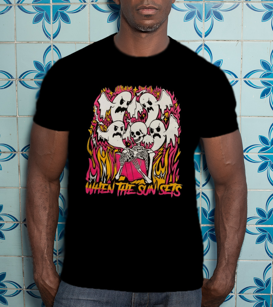 When The Sun Sets Ghost And Skeleton Illustration With Vibrant Pink And Yellow Flames T-Shirt