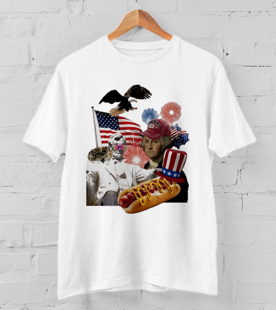 Merica Abraham Lincoln George Washington Hot Dog Eagle Fireworks Patriotic Celebration T-Shirt