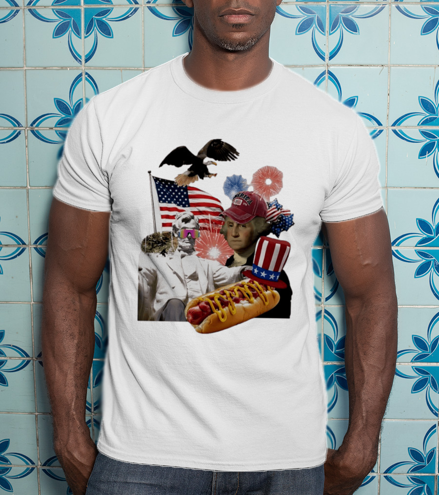 Merica Abraham Lincoln George Washington Hot Dog Eagle Fireworks Patriotic Celebration T-Shirt