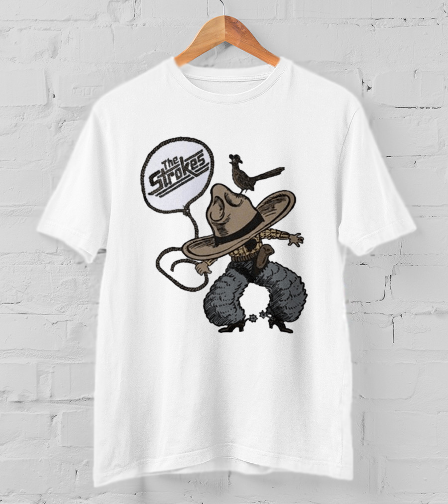 The Strokes Tour 2026 Illustrated Cowboy Holding Lasso With Bird And Cowboy Hat T-Shirt