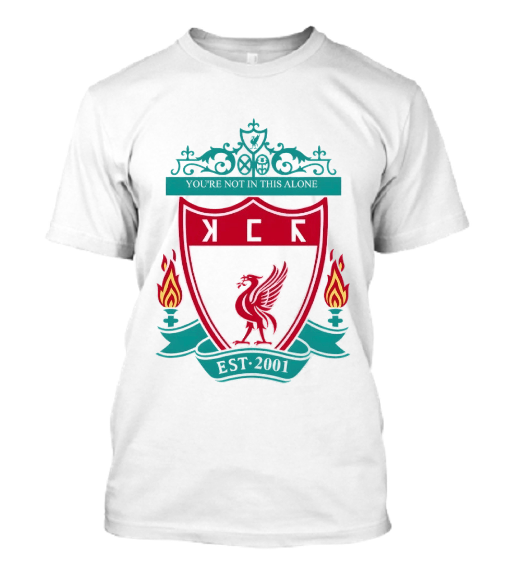 You're Not In This Alone Est 2001 Liverpool KFC Parody Crest With Liver Bird And Eternal Flames T-Shirt