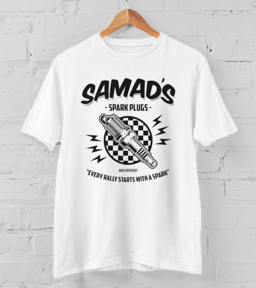 Samad's Spark Plugs Every Rally Starts With A Spark Racing Checkered Spark Plug T-Shirt