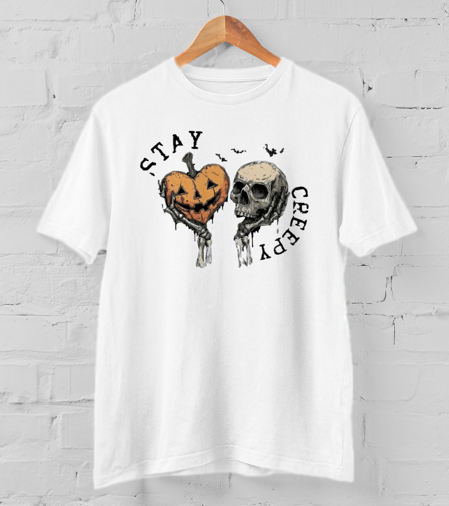 Stay Creepy Pumpkin Skull Halloween Spooky Skeleton Hands T-Shirt