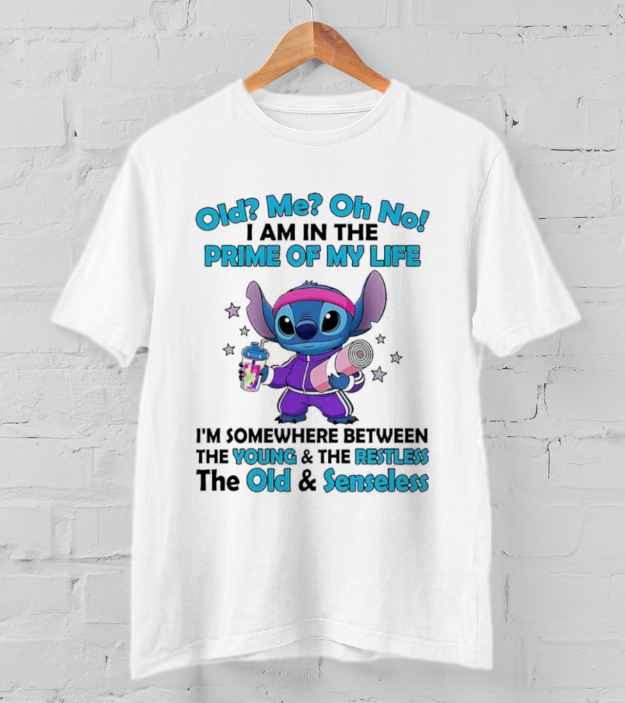Old Me Oh No I Am In The Prime Of My Life Stitch Somewhere Between Young Restless Old Senseless T-Shirt