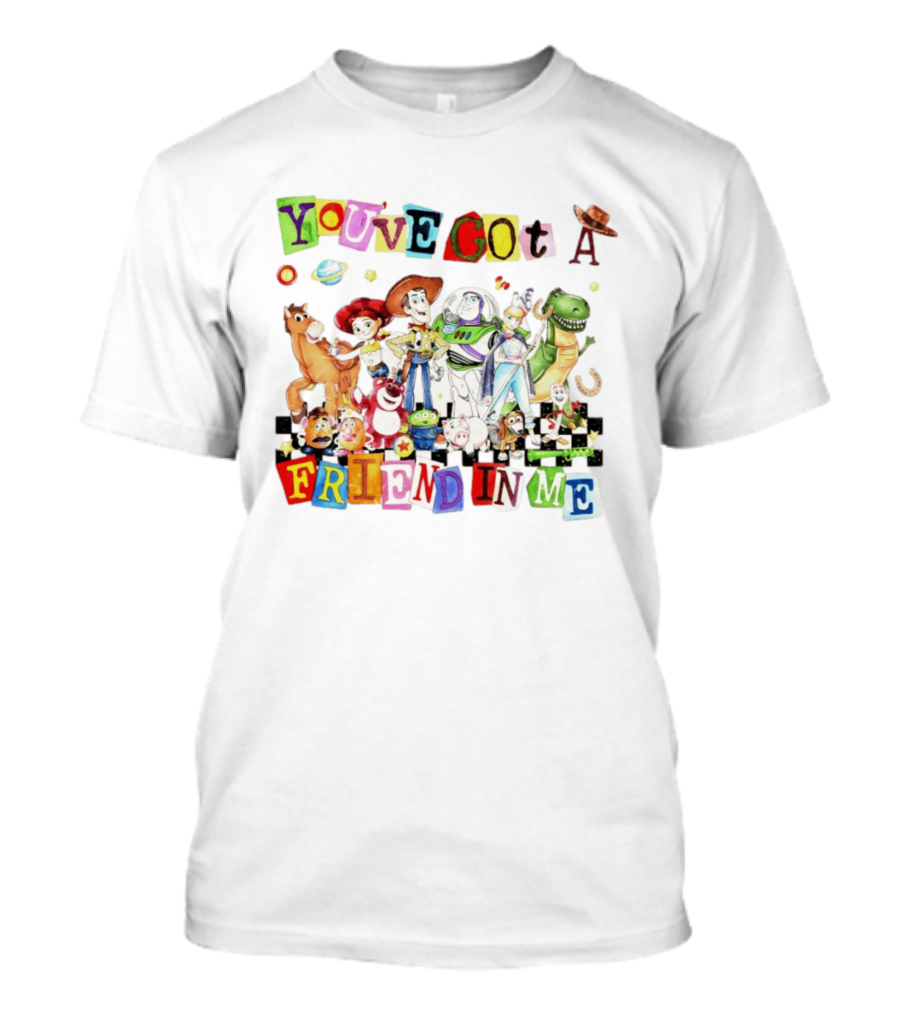 Toy Story You've Got A Friend In Me Characters Buzz Woody Rex Jessie Hamm Aliens Slinky T-Shirt