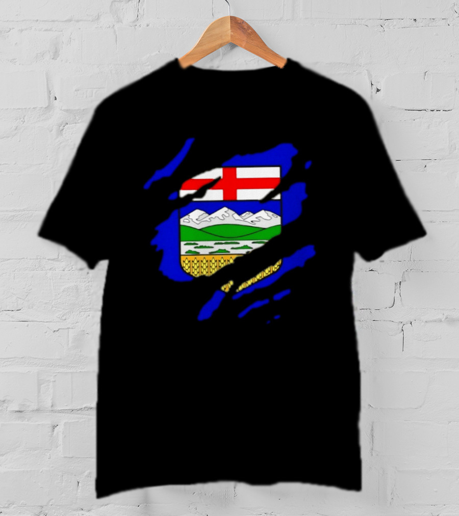 Alberta Coat Of Arms Ripped Effect Canada Flag Emblem Heritage Display T-Shirt