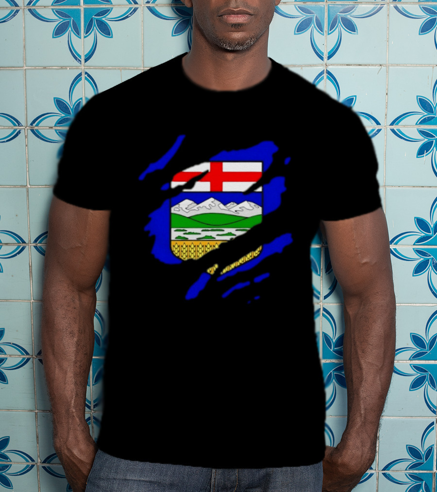 Alberta Coat Of Arms Ripped Effect Canada Flag Emblem Heritage Display T-Shirt
