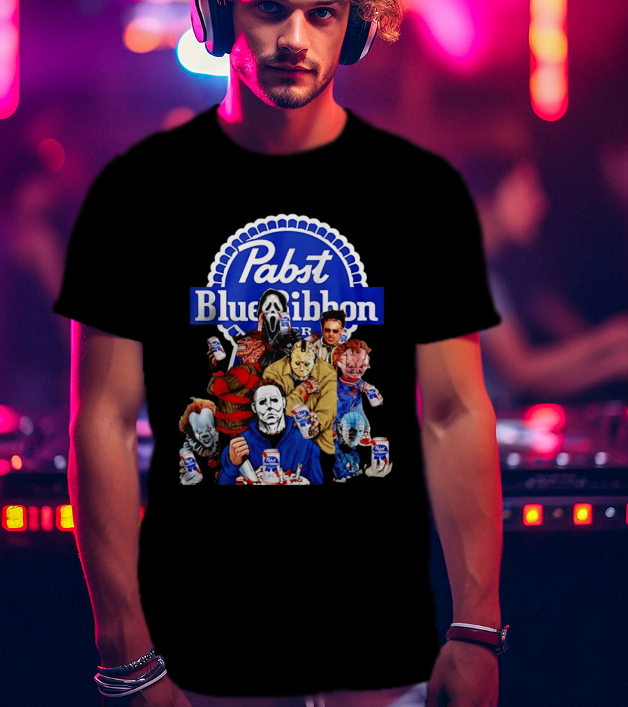 Pabst Blue Ribbon Horror Movie Characters Drinking Beer T-Shirt
