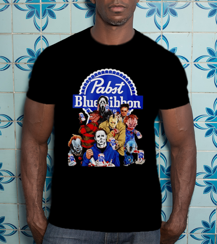Pabst Blue Ribbon Horror Movie Characters Drinking Beer T-Shirt