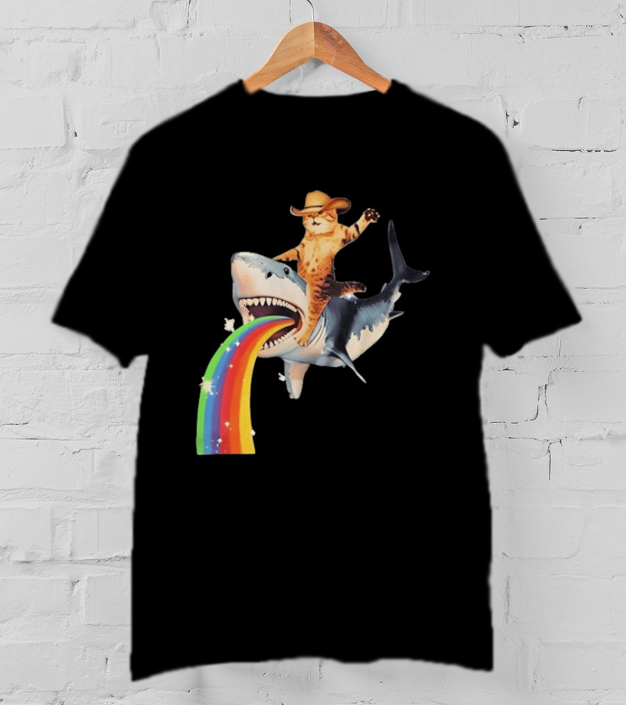 Cowboy Cat Riding Shark With Rainbow T-Shirt