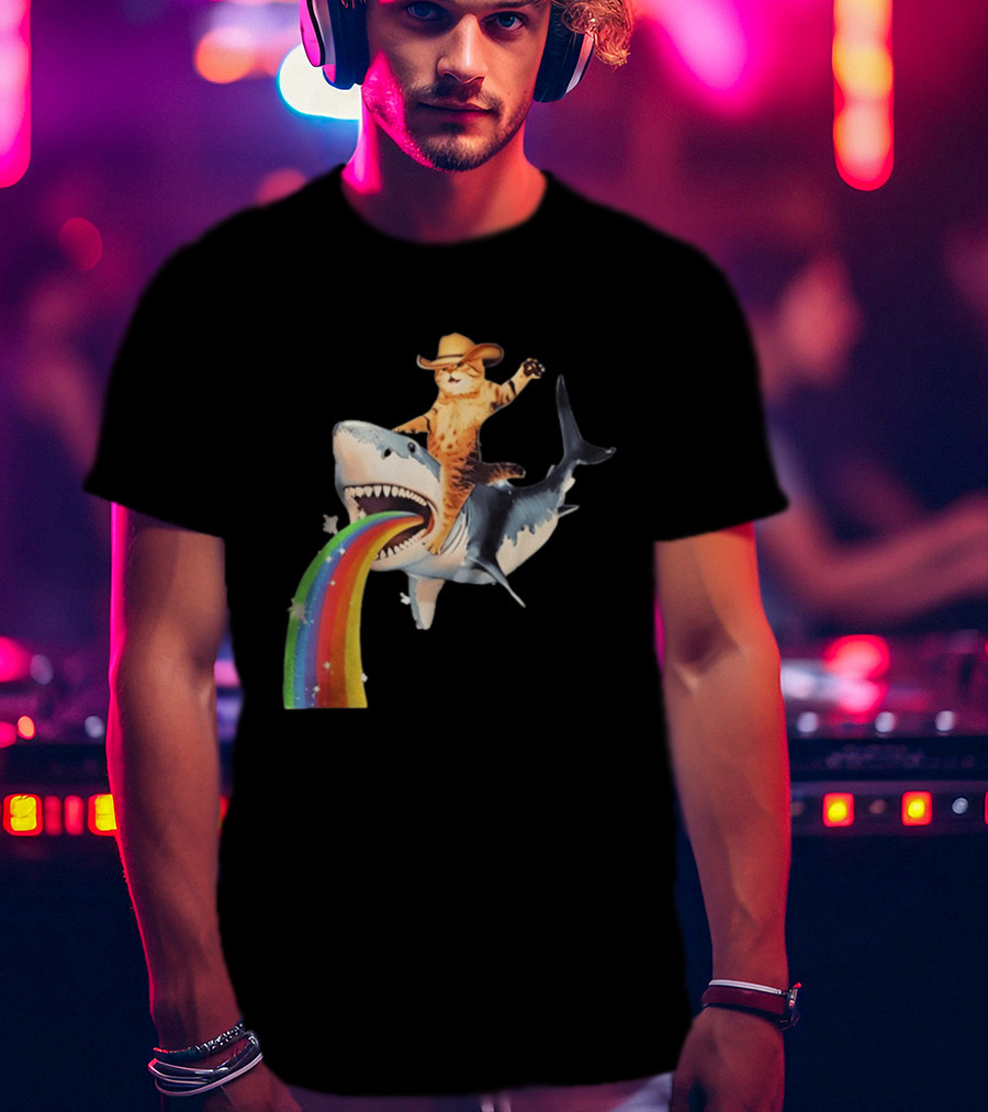 Cowboy Cat Riding Shark With Rainbow T-Shirt
