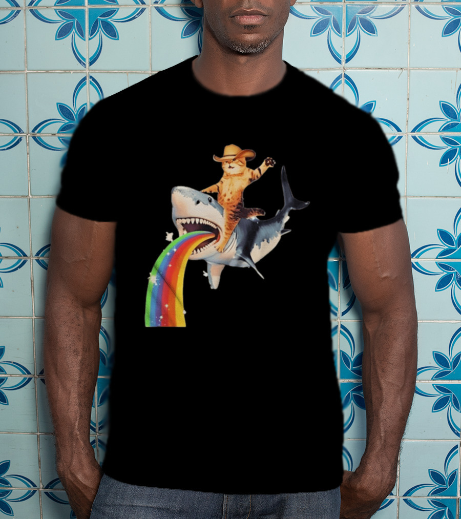 Cowboy Cat Riding Shark With Rainbow T-Shirt