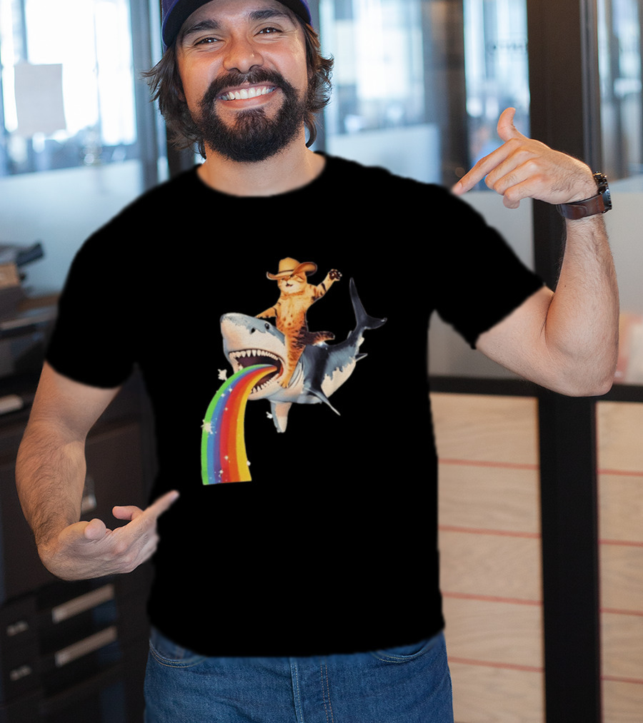 Cowboy Cat Riding Shark With Rainbow T-Shirt