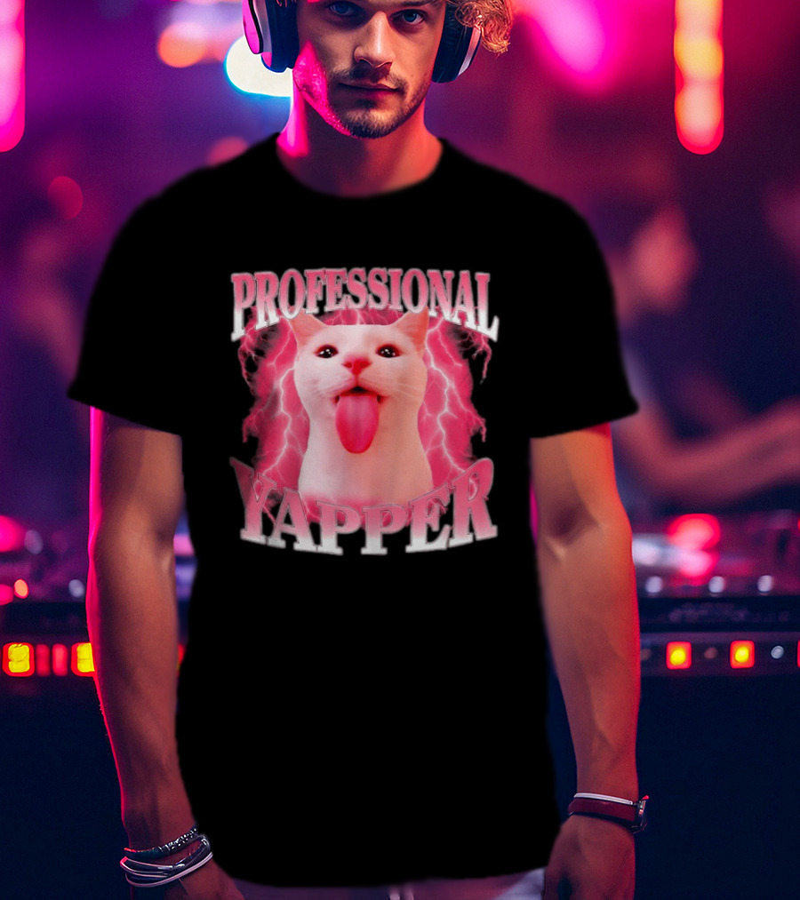 Professional Yapper Cat Pink Lightning Tongue Out T-Shirt