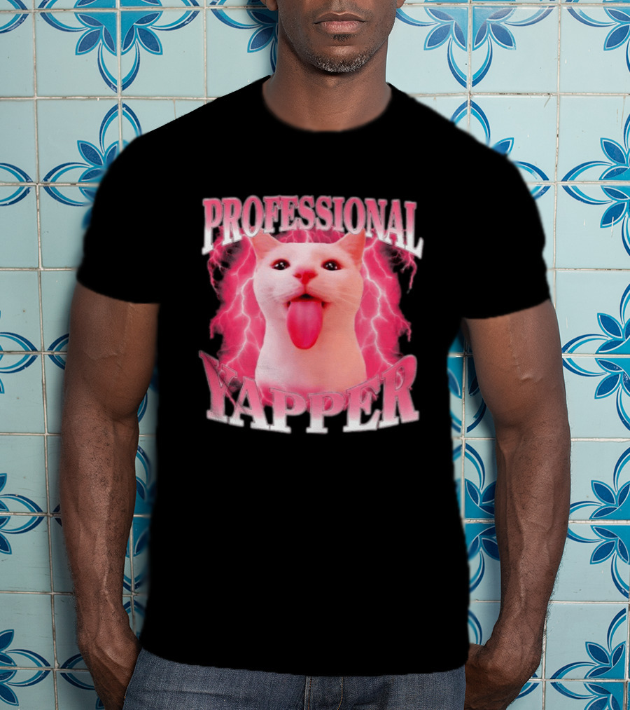 Professional Yapper Cat Pink Lightning Tongue Out T-Shirt