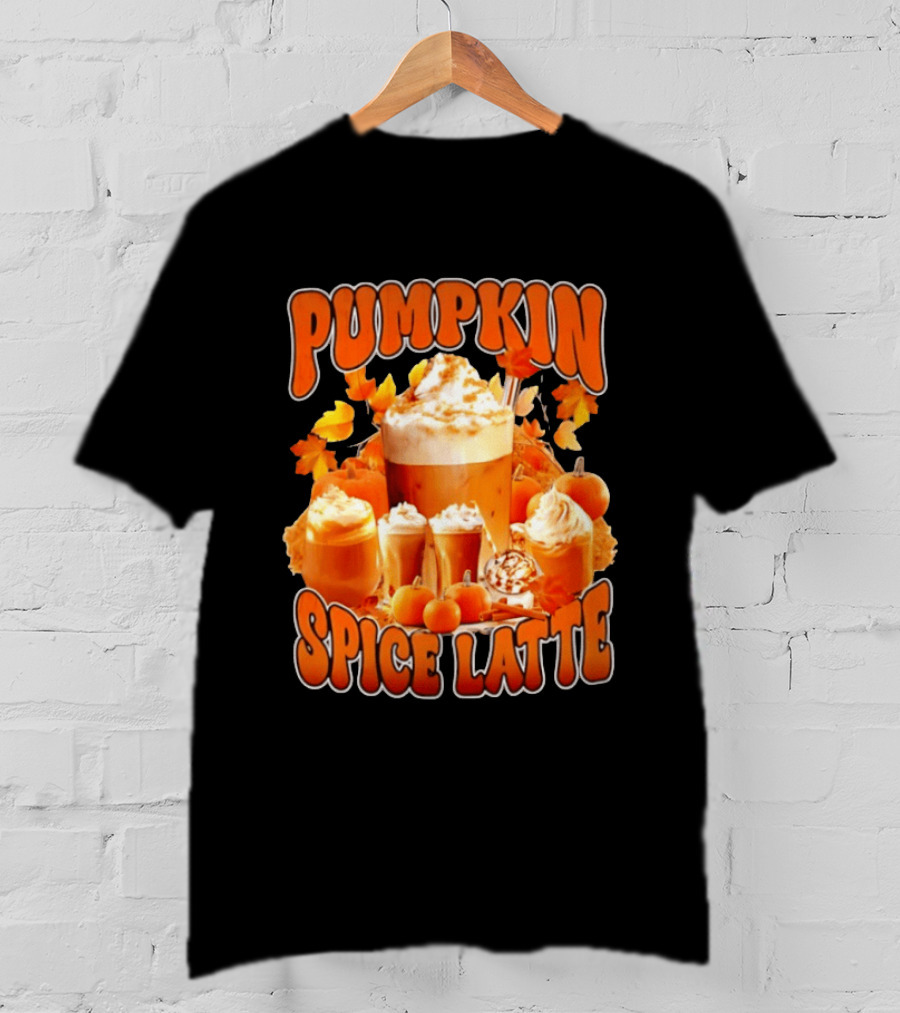 Pumpkin Spice Latte Fall Autumn Halloween Beverage With Whipped Cream And Leaves T-Shirt
