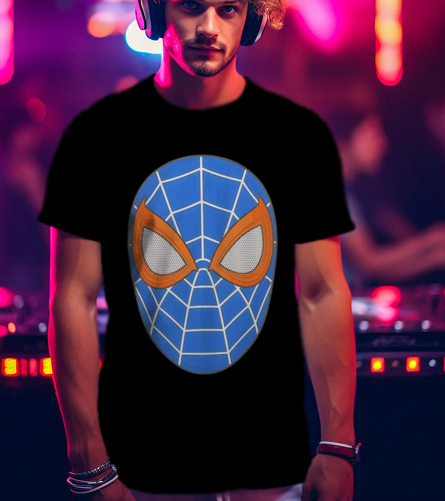 Spidey Spider Man Blue Mask With Orange Eyes And Web T-Shirt