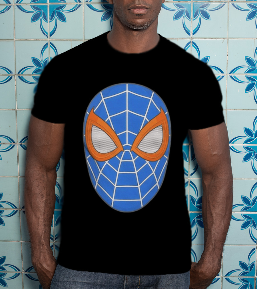 Spidey Spider Man Blue Mask With Orange Eyes And Web T-Shirt